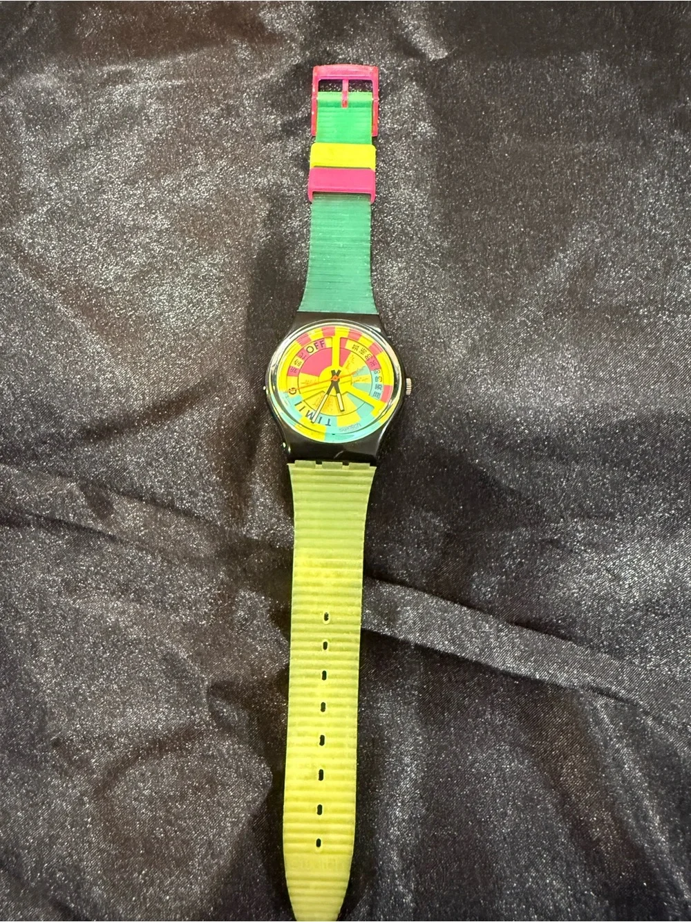 Swatch Multicolor Watch in Green, Yellow & Pink